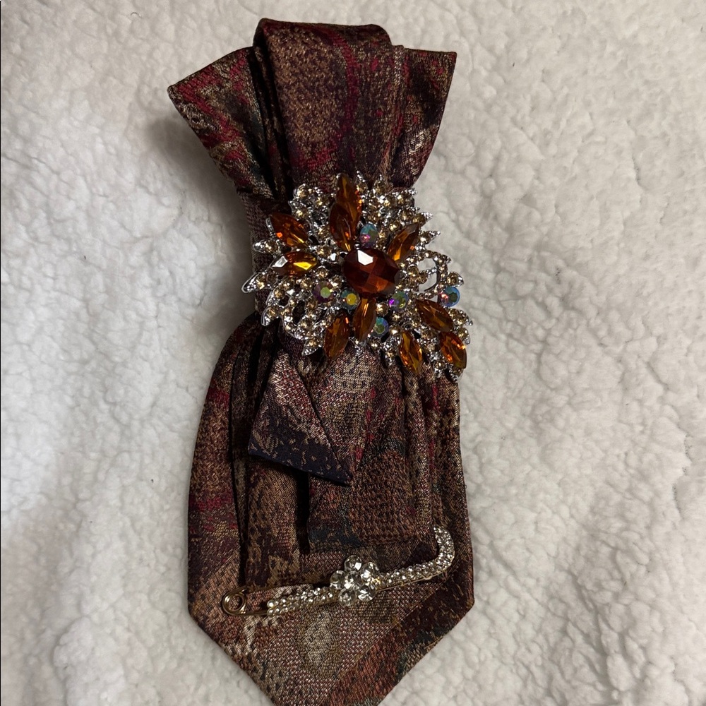 Embellished Brown Paisley Necktie Necklace with Amber & Crystal Brooch
